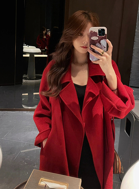 日本offcat小香风毛呢外套女2024冬季新款小个子中长款红色双面呢