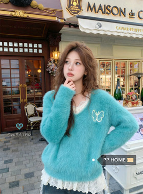 日本offcat蓝色防水貂毛针织衫上衣女秋冬蝴蝶刺绣宽松显白套头毛