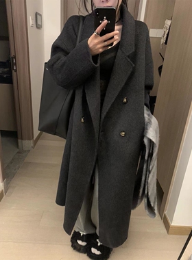 日本offcat深灰色双面羊毛呢子大衣女2024冬季新款小个子韩系双排
