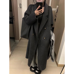 日本offcat深灰色双面羊毛呢子大衣女2024冬季新款小个子韩系双排