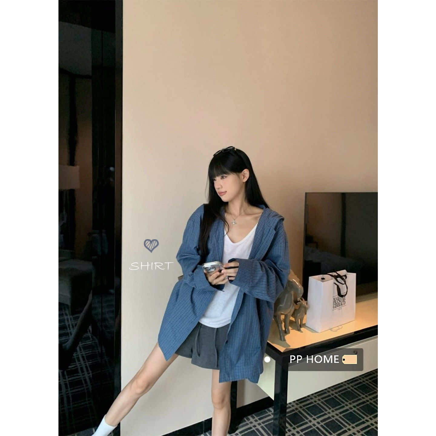 日本offcat松弛感蓝色格纹连帽宽松廓形衬衫女秋冬百搭减龄单排扣