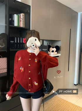 日本offcat新年氛围感红色卡通刺绣针织开衫女秋冬宽松软糯毛衣外
