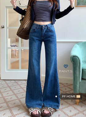 日本offcat辣妹风深蓝色低腰窄版微喇牛仔裤女秋冬修身小个子阔腿