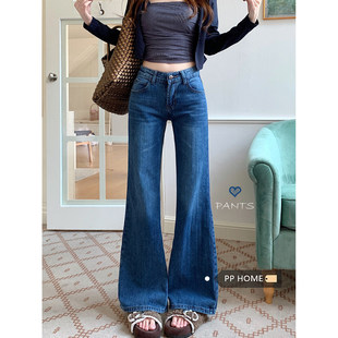 日本offcat辣妹风深蓝色低腰窄版微喇牛仔裤女秋冬修身小个子阔腿