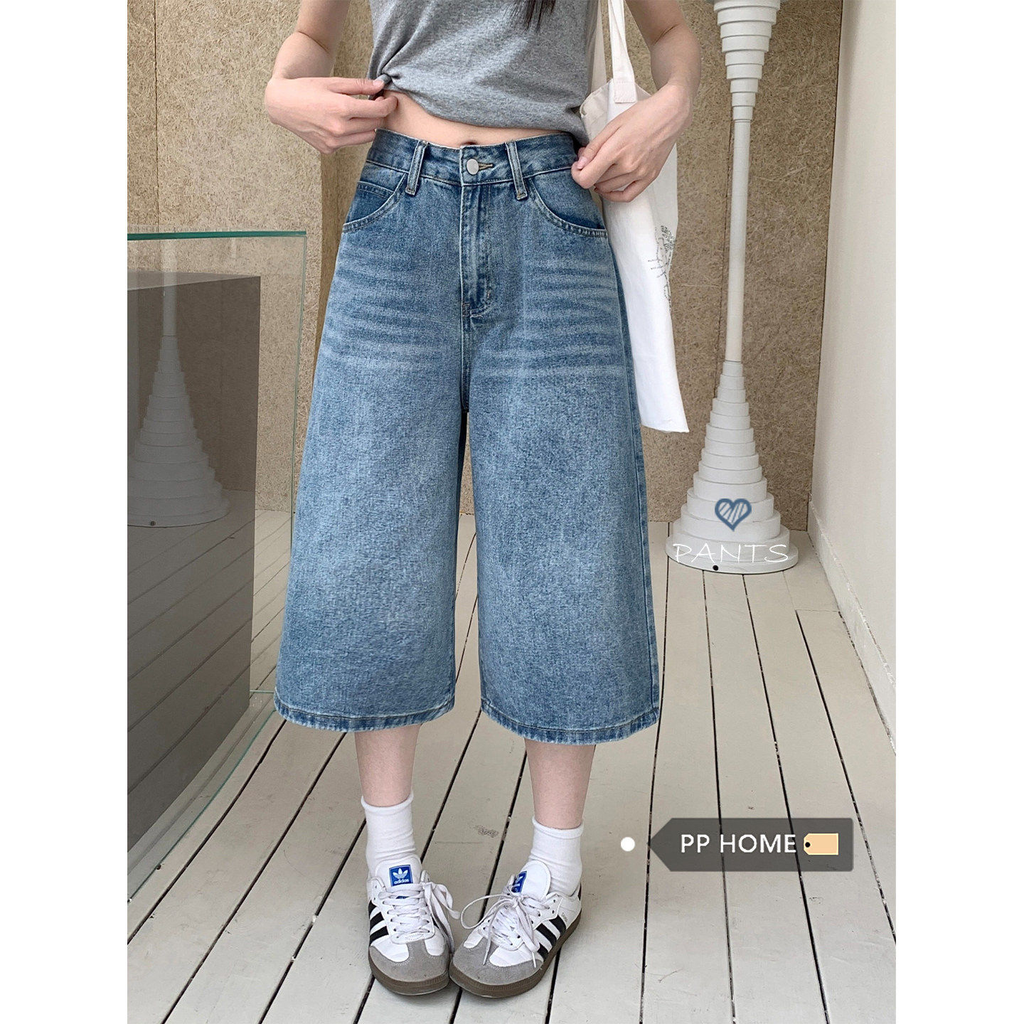 日本offcat复古蓝色水洗七分牛仔短裤女秋冬高腰显瘦百搭直筒阔腿