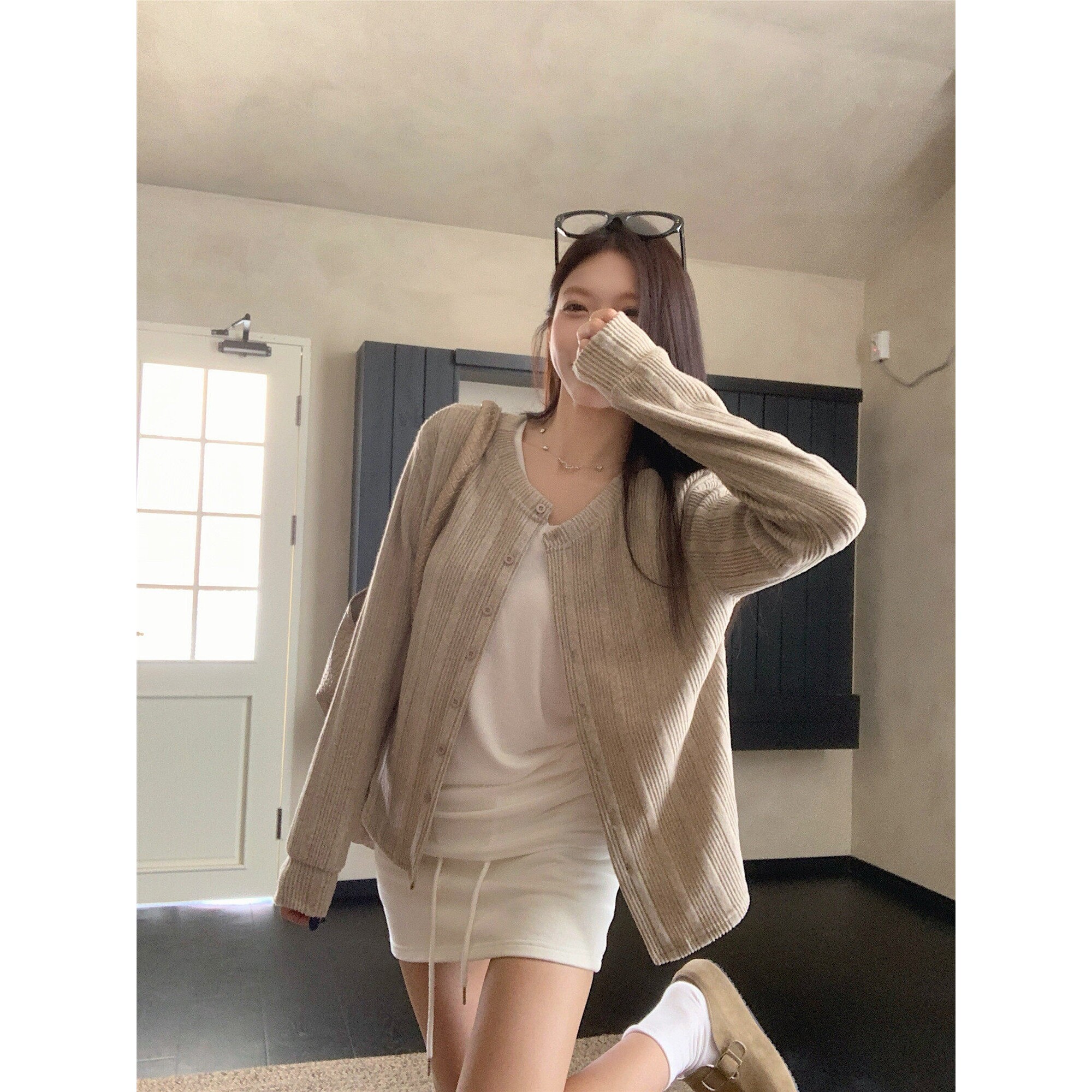 日本offcat韩系气质燕麦色圆领长袖毛衣外套女春季宽松显瘦针织衫