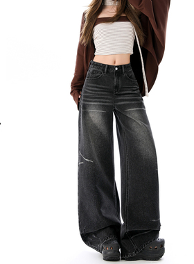 日本offcat秋冬黑色高腰阔腿牛仔裤女2026早春新款设计感美式宽松