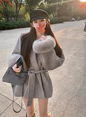 日本offcat狐狸毛系带双面羊毛呢子大衣女2024冬新款小个子短款毛