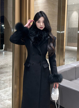 日本offcat黑色显瘦掐腰大衣2024冬季新款加厚双排扣毛领收腰中长