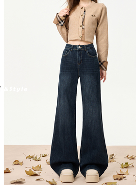 日本offcat深蓝色不贴腿微喇牛仔裤女加厚绒冬季新款高腰显瘦垂感