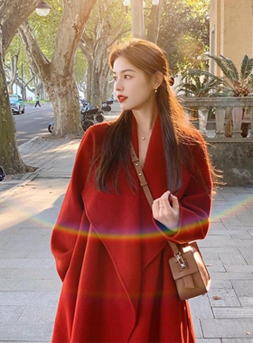 日本offcat双面羊毛大衣女2024冬季高级感圣诞红色中长款系带收腰