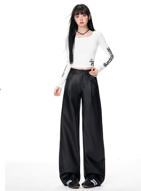 日本offcat高级感黑色皮裤女小个子秋冬新款高腰褶皱休闲显瘦PU皮