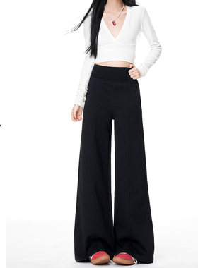 日本offcat黑色加绒阔腿运动卫裤女2025冬季新款设计垂感宽松直筒