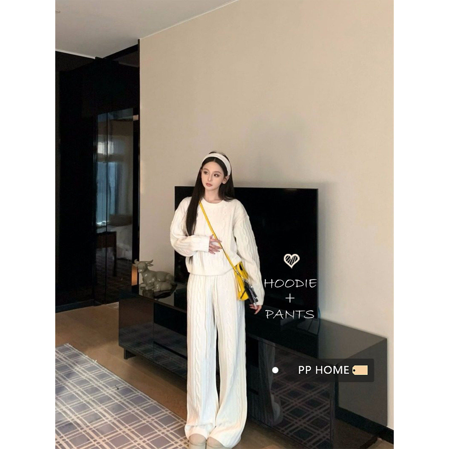 日本offcat时尚套装杏色圆领麻花绞花毛衣女秋冬高腰宽松垂感阔腿