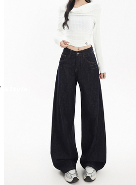 日本offcat深蓝色刺绣阔腿牛仔裤女加绒秋冬新款高腰辣妹宽松慵懒