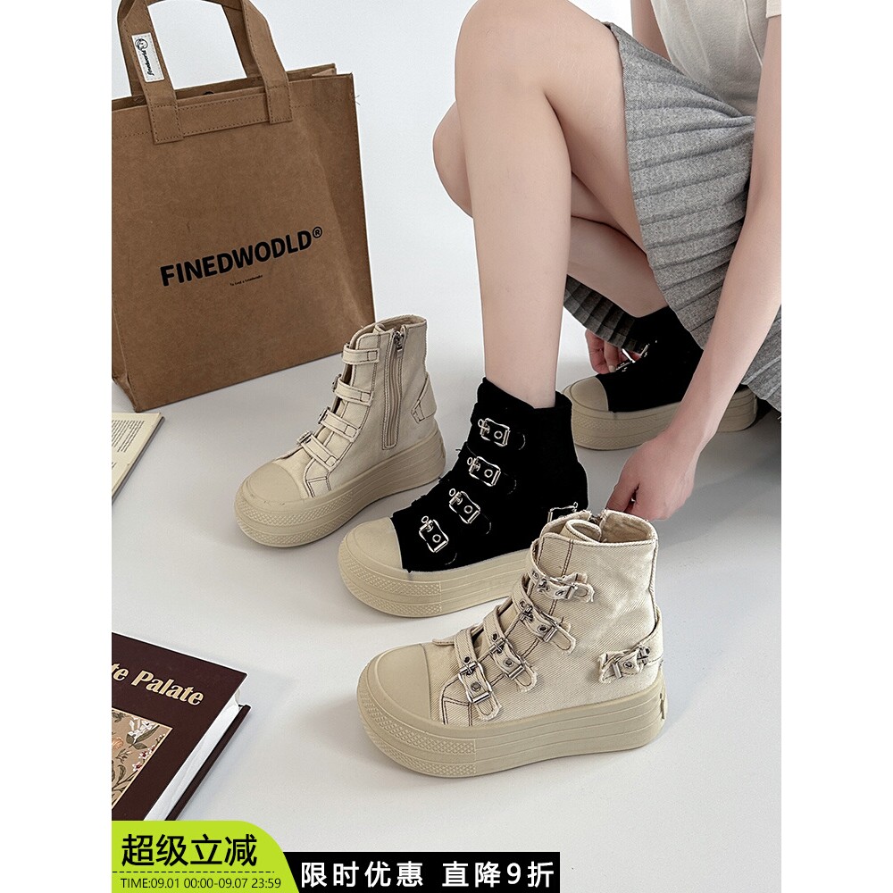 日本offcat韩版简约厚底一字扣带帆布鞋女士2025夏季新款方便休闲