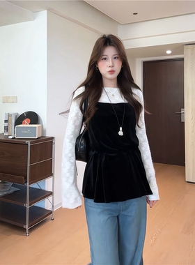 日本offcat气质套装黑色丝绒系带收腰吊带背心女秋冬透感花朵长袖