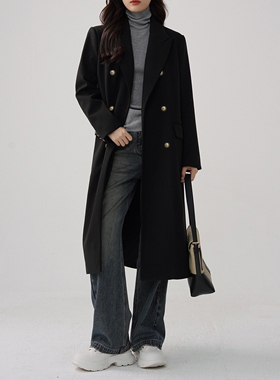 日本offcat黑色显瘦呢子大衣女2024冬季正肩中长款加厚高级感毛呢