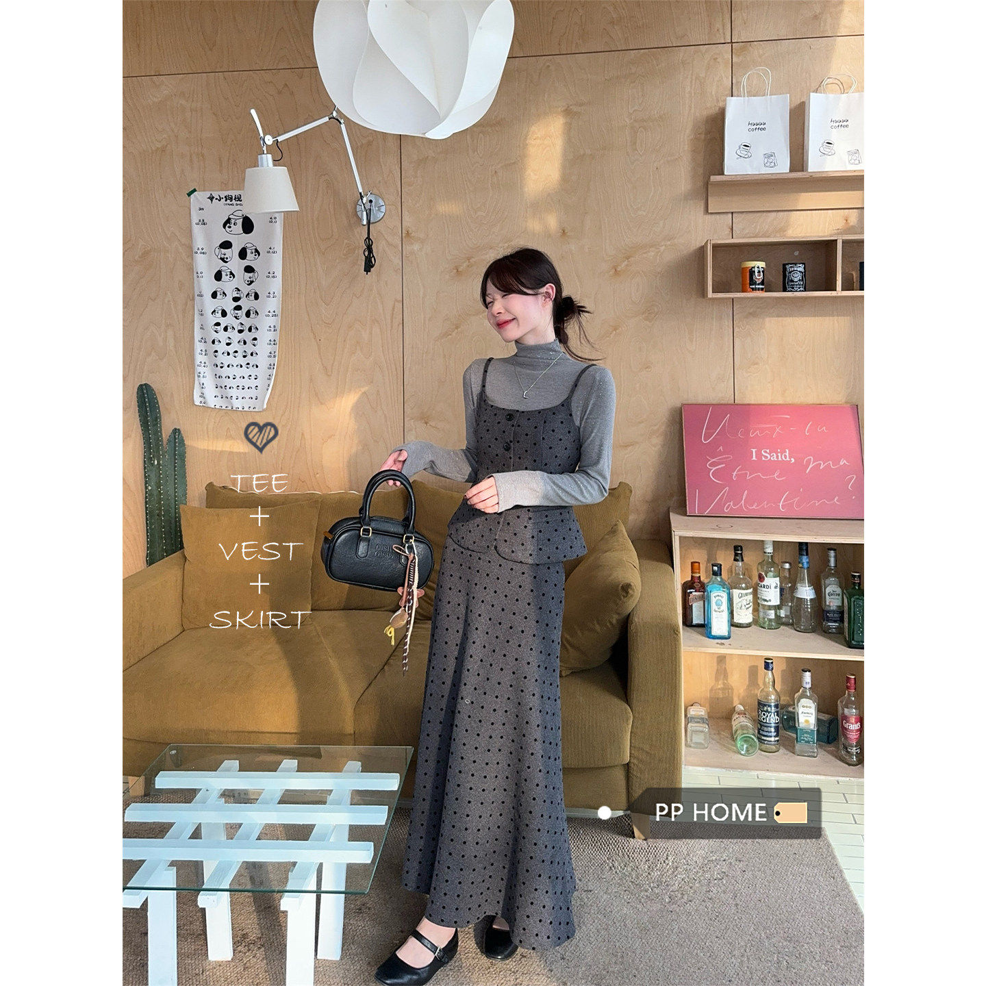 日本offcat时尚套装灰色波点吊带背心内搭长袖打底衫女秋冬高腰半