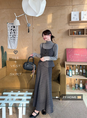 日本offcat时尚套装灰色波点吊带背心内搭长袖打底衫女秋冬高腰半