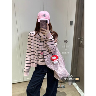 日本offcat甜辣风黑粉条纹撞色针织开衫女秋冬内搭针织吊带背心两