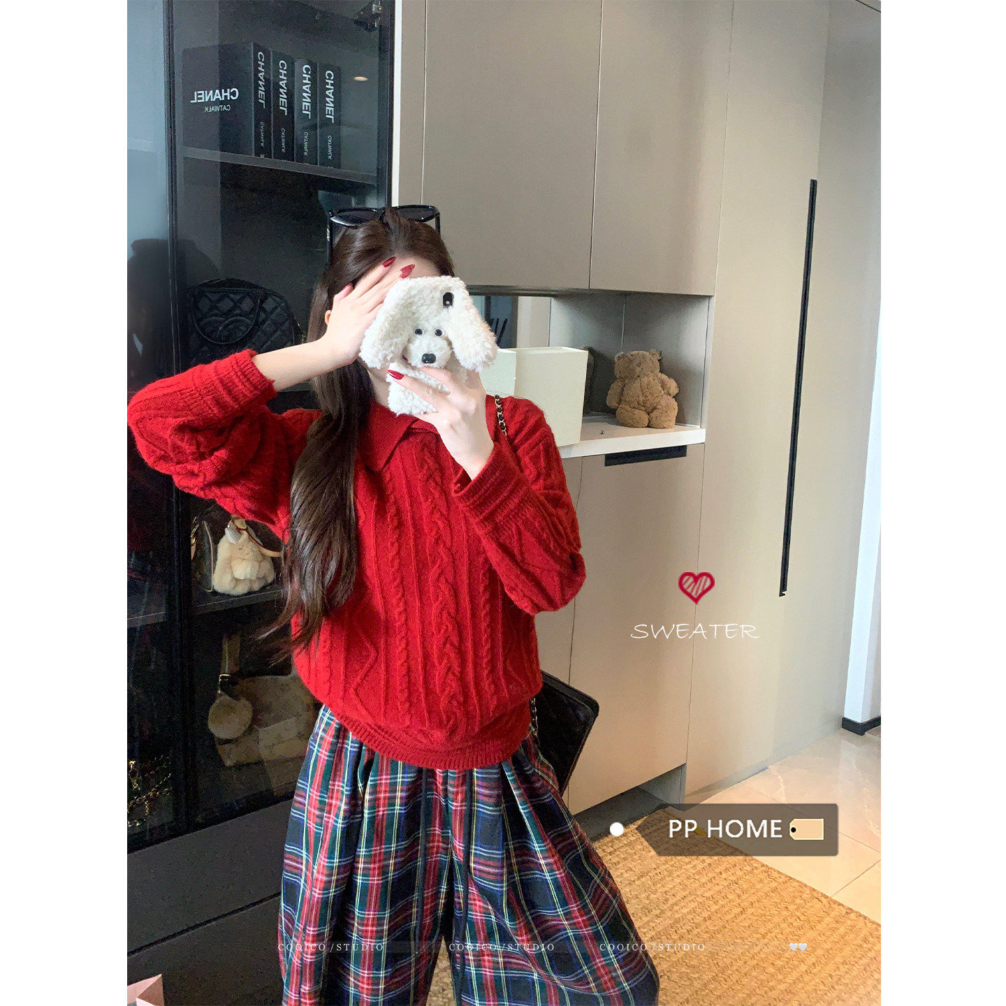 日本offcatPPHOM红色麻花编织大翻领长袖毛衣女秋冬宽松显瘦套头