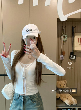 日本offcat纯欲风白色镂空假两件蕾丝拼接上衣女秋冬修身显瘦打底