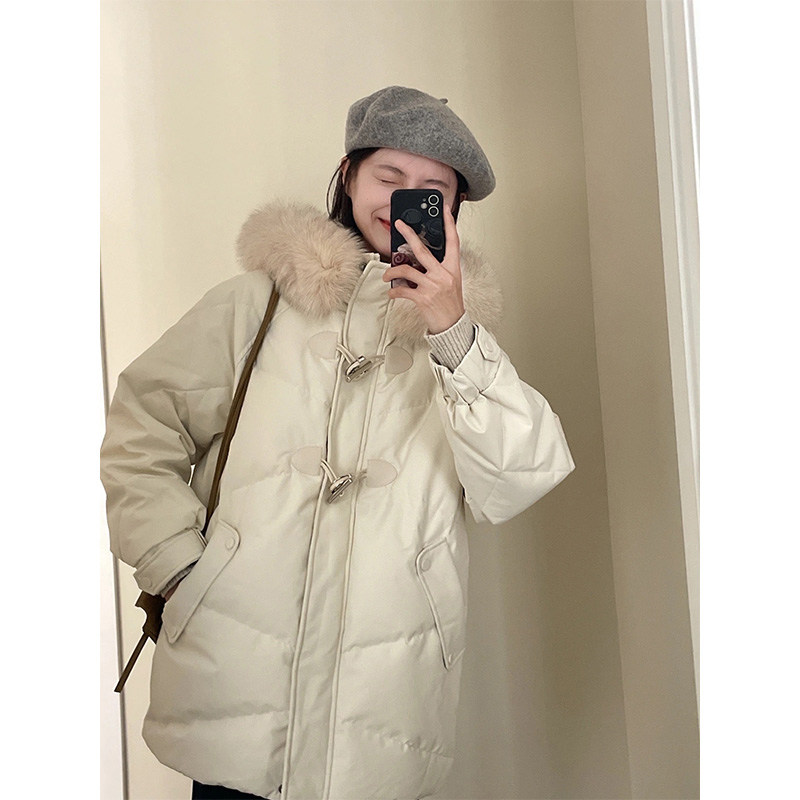 日本offcat牛角扣羽绒棉服女2024年冬季小个子短款棉衣设计感大毛