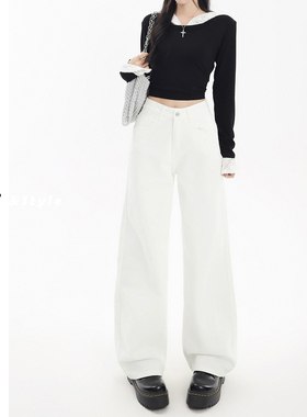 日本offcat白色窄版直筒牛仔裤女秋冬新款高腰显瘦小个子垂感加绒