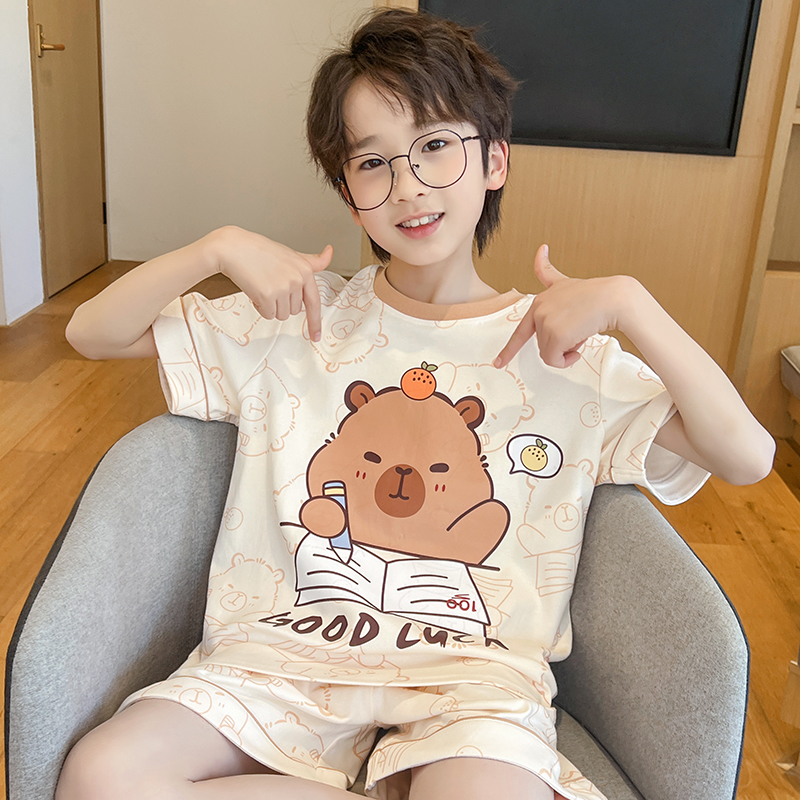 2025新款儿童睡衣男童夏季短袖薄款纯棉男孩卡皮巴拉中大童家居服