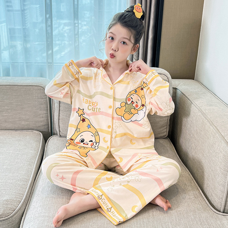 女童纯棉翻领长袖春秋薄款睡衣