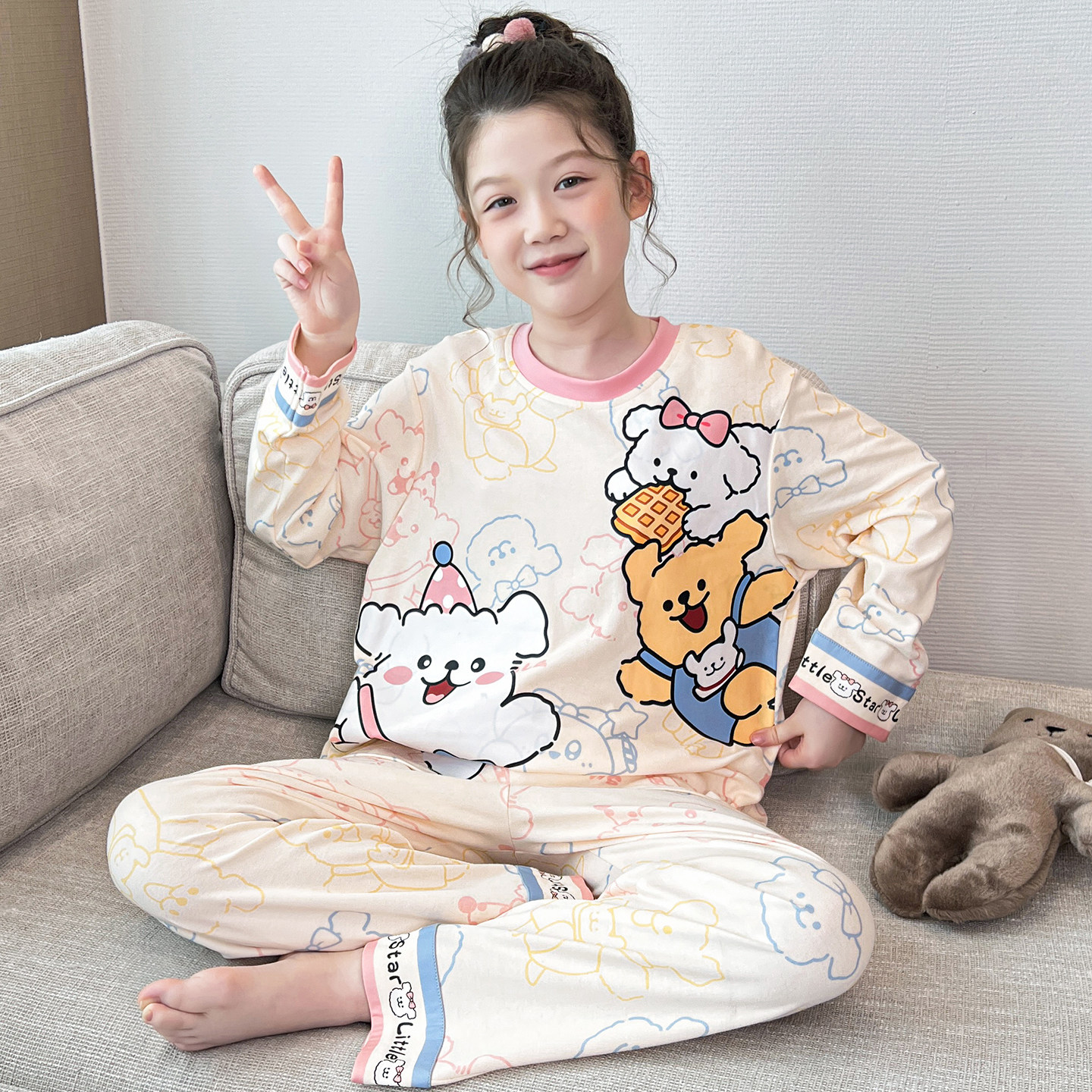 女童春秋纯棉长袖卡通家居服套装