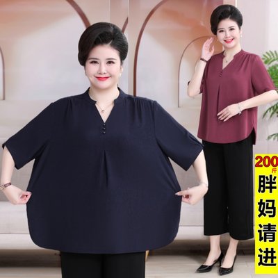 胖妈妈夏装洋气上衣服中年女装大码遮肚子小衫中老年时尚短袖T恤