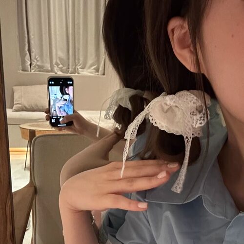 粉色蝴蝶结蕾丝飘带甜美发绳韩系