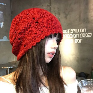 秋冬鞠婧祎同款韩系手工编织花朵镂空包头帽氛围感堆堆帽子大头围
