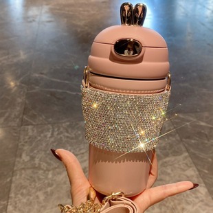 跨境热卖工厂直销镶钻大容量吸管杯不锈钢保温杯可斜跨精致