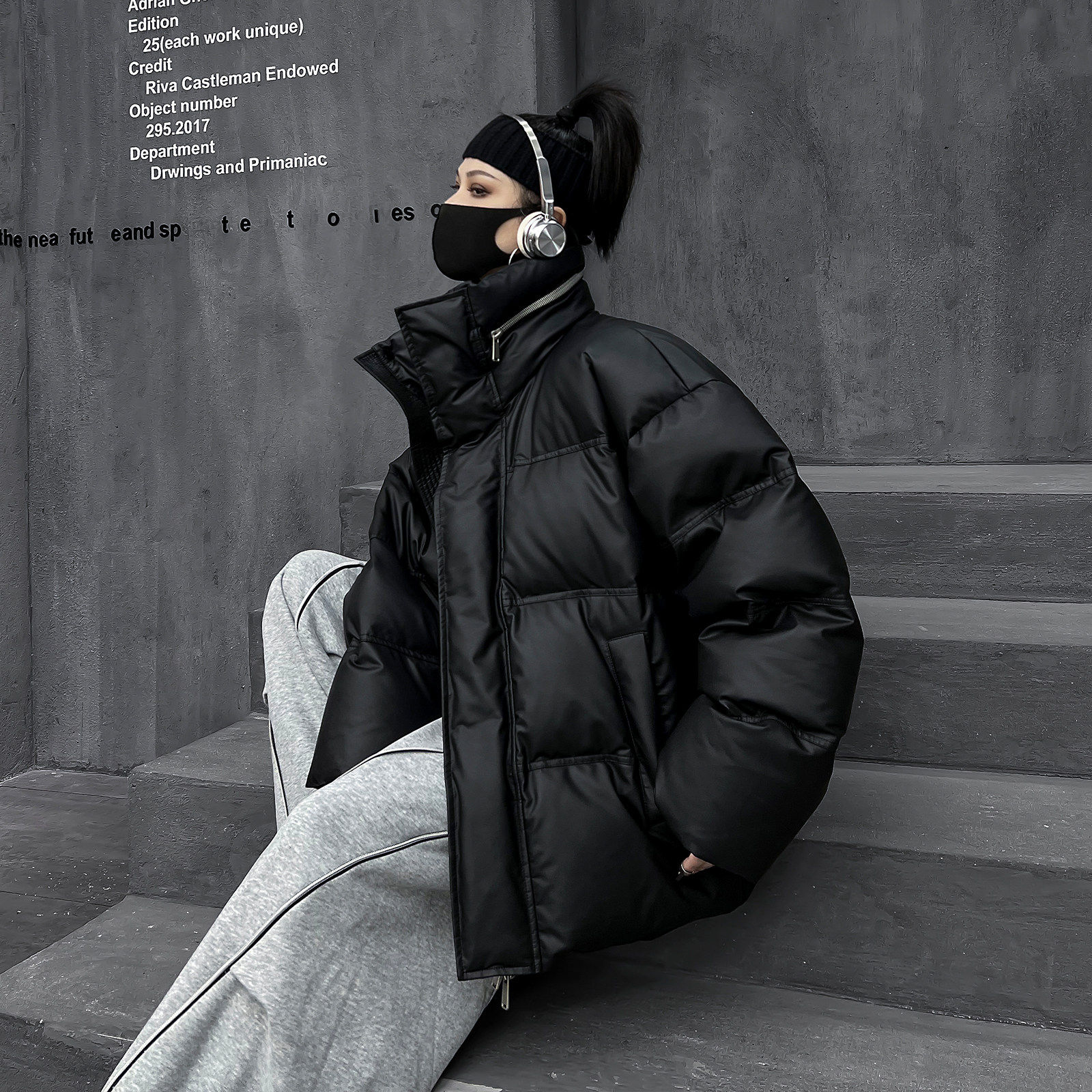 潮牌黑色仿皮高充绒加厚羽绒服男女冬面包服立领白鸭绒保暖外套