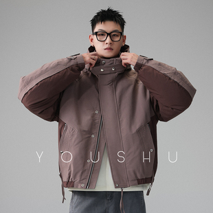 有术白鸭绒扣带连帽防风工装羽绒服男冬季2025新款潮牌宽松外套