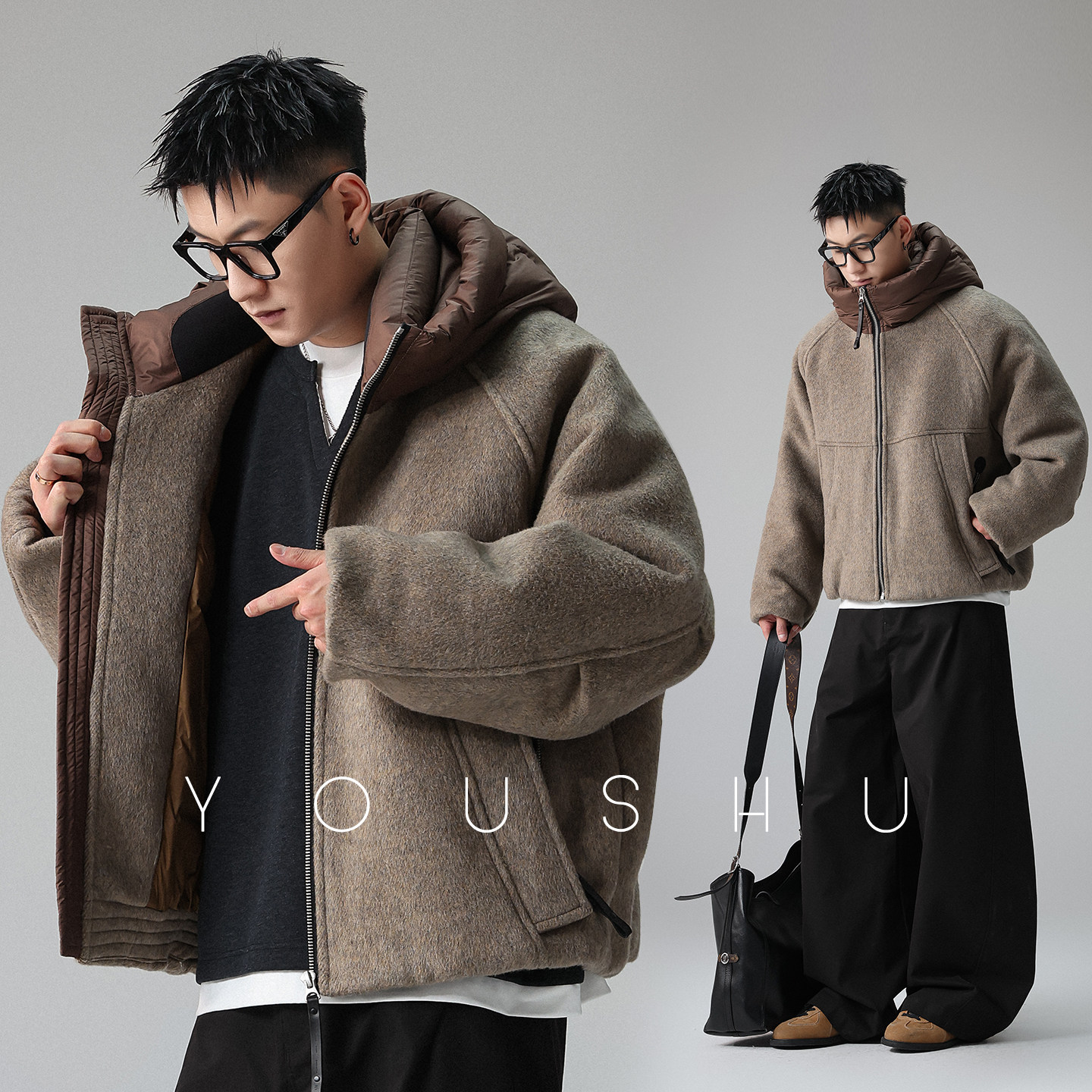 90白鸭绒毛呢拼接连帽羽绒服男冬季2025新款复古潮牌宽松外套,男装,羽绒服,淘宝优惠券,粉丝福利购,淘宝优惠卷