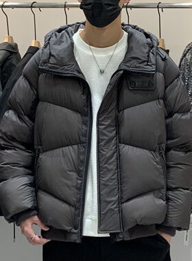 美式青年冬季设计感轻薄卫衣拼接龟背羽绒服男加肥加大码连帽外套