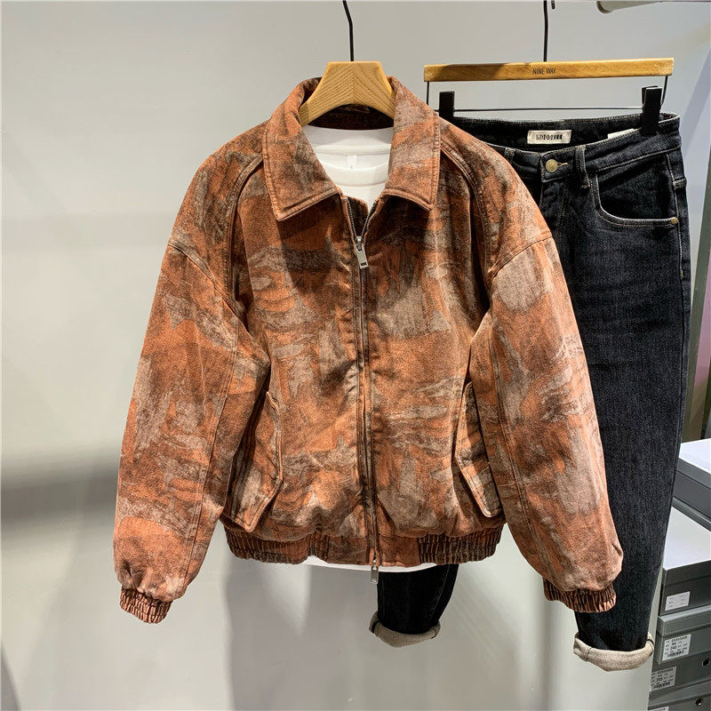 美式复古印花翻领短款羽绒服男潮牌痞帅迷彩风抗寒白鸭绒宽松外套