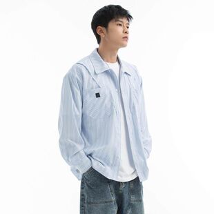 宽松休闲捏褶拼接重衬衣痞帅上衣 男春装 蓝白条纹长袖 衬衫