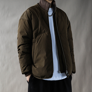 美式立领短款羽绒服男咖色宽松加厚保暖面包服大码外套2025秋冬