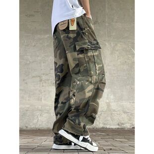 男重磅洗水手工补丁割破潮流军裤 裤 街头复古宽松直筒迷彩工装 美式