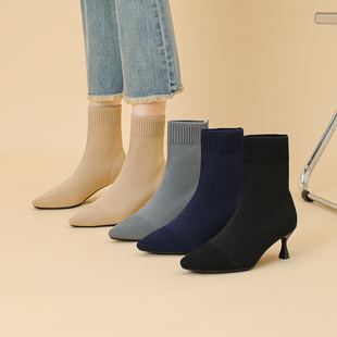 王妃鞋飞编针织鞋春秋冬款短靴子四季中高酒杯跟弹力布靴女士女鞋