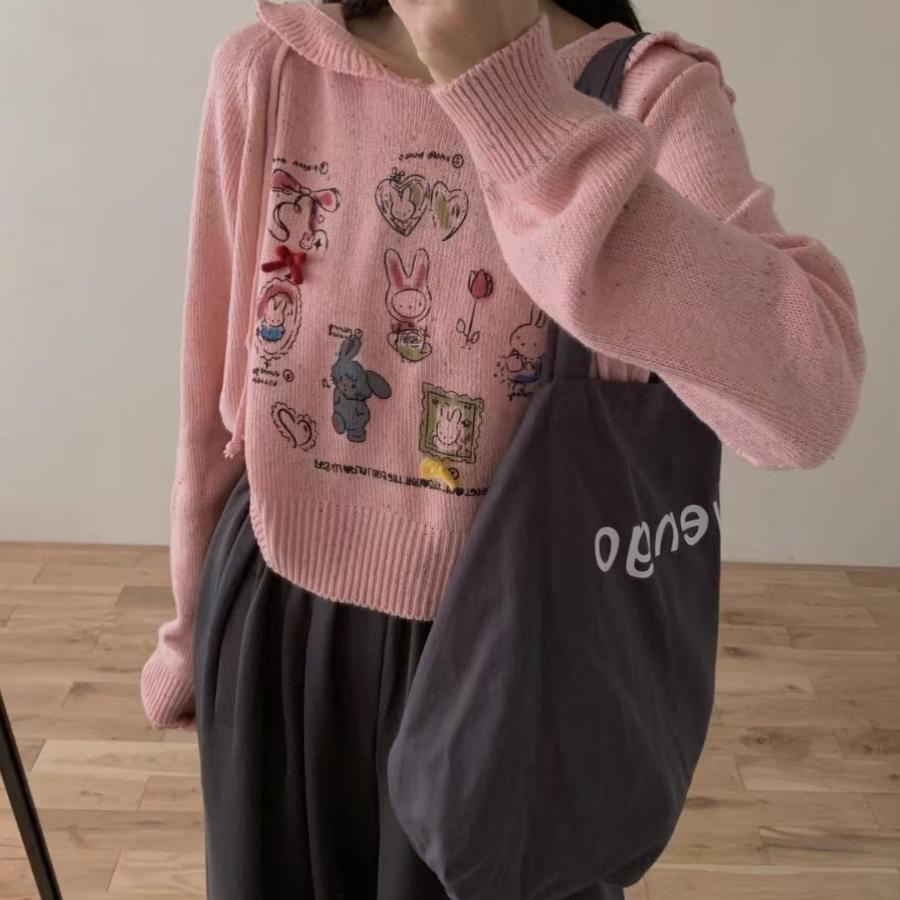 新款毛衣针织衫印花连帽女甜美百搭减龄彩点毛线秋冬套头上衣百搭