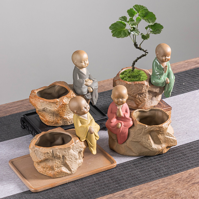 钱多多绿植仿石头粗陶花盆透气特色创意摆件盆栽花器禅意小和尚