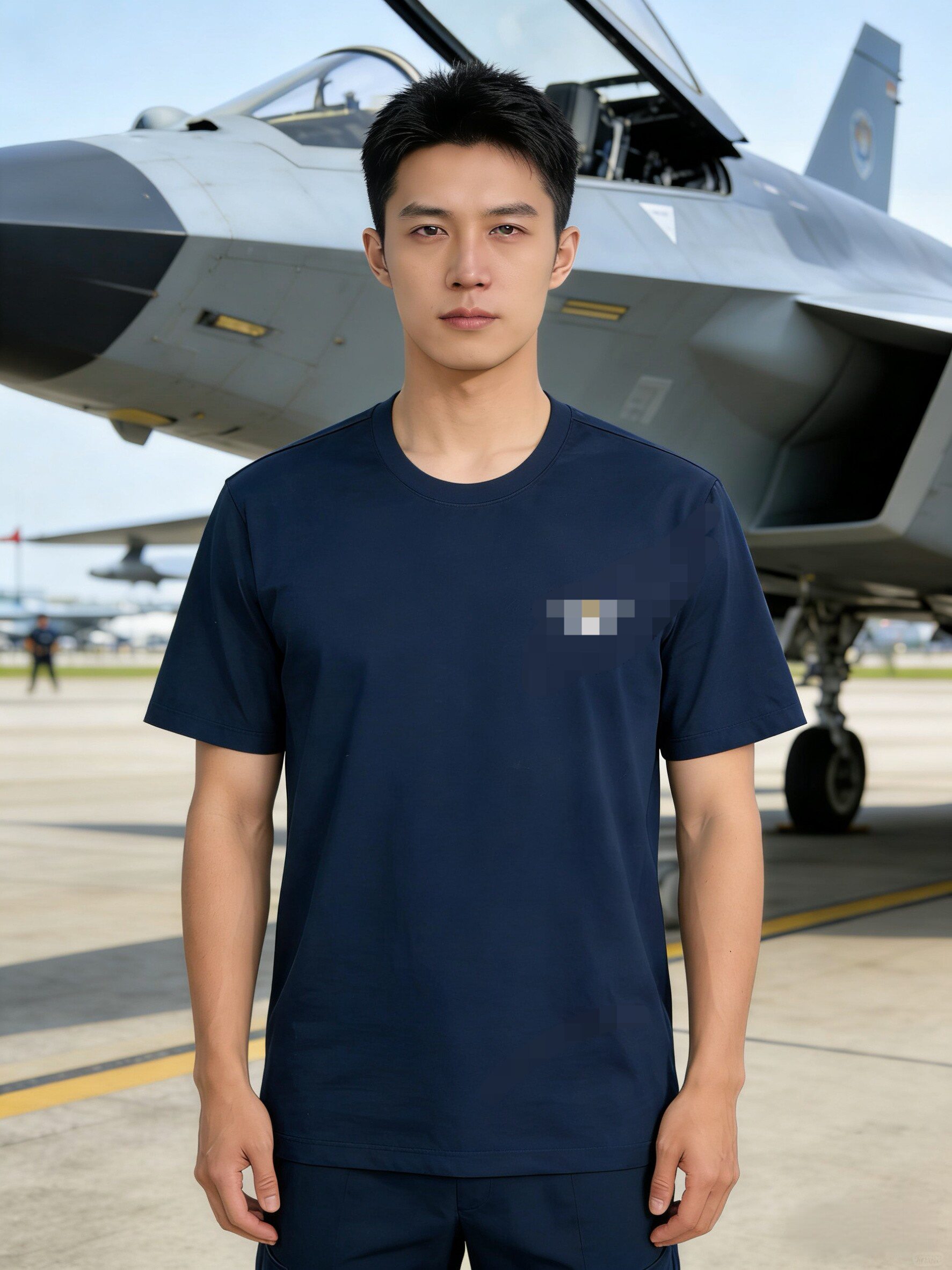 全新0212年蓝黑色左胸标飞行短袖速干排湿排汗T恤男圆领防晒非仿