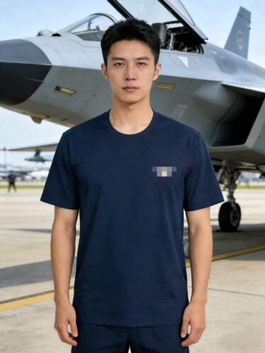 全新0212年蓝黑色左胸标飞行短袖速干排湿排汗T恤男圆领防晒非仿