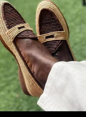 STAB男士天然拉菲草纯手工编织非遗草鞋老钱风espadrilles乐福鞋